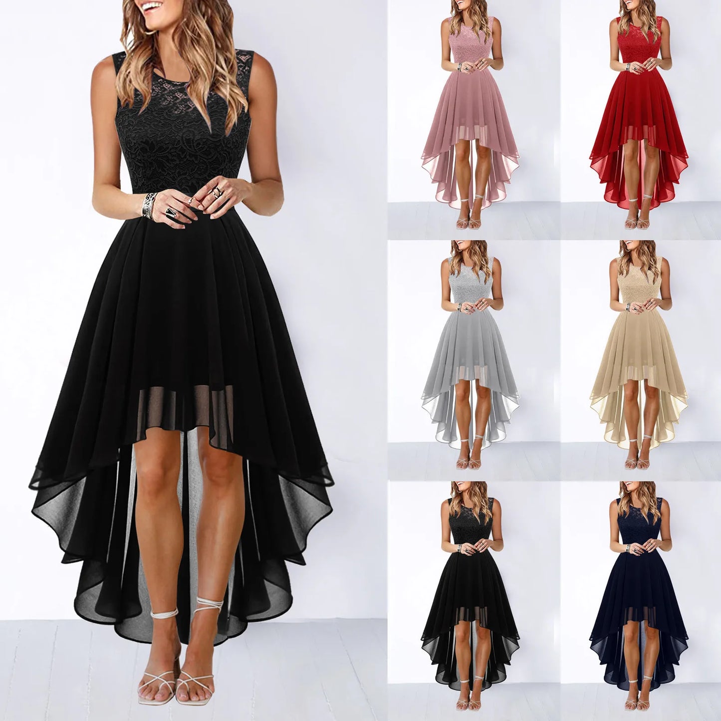 Chic Lace Embroidery Sleeveless High Low Chiffon Party Prom Dress