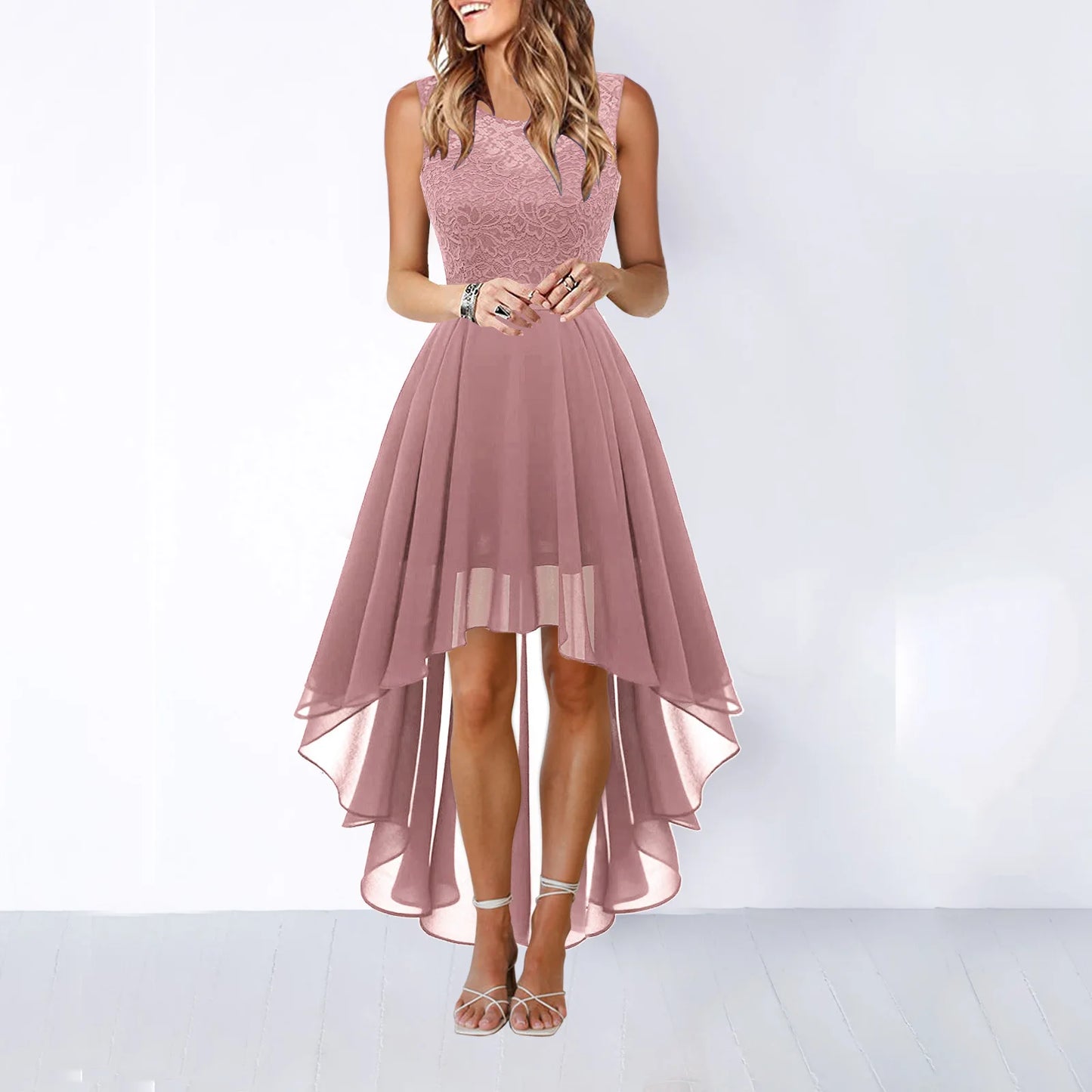 Chic Lace Embroidery Sleeveless High Low Chiffon Party Prom Dress