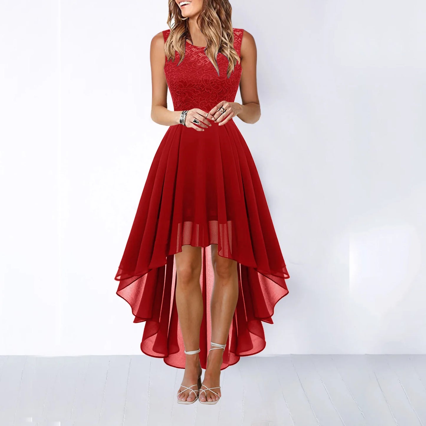 Chic Lace Embroidery Sleeveless High Low Chiffon Party Prom Dress