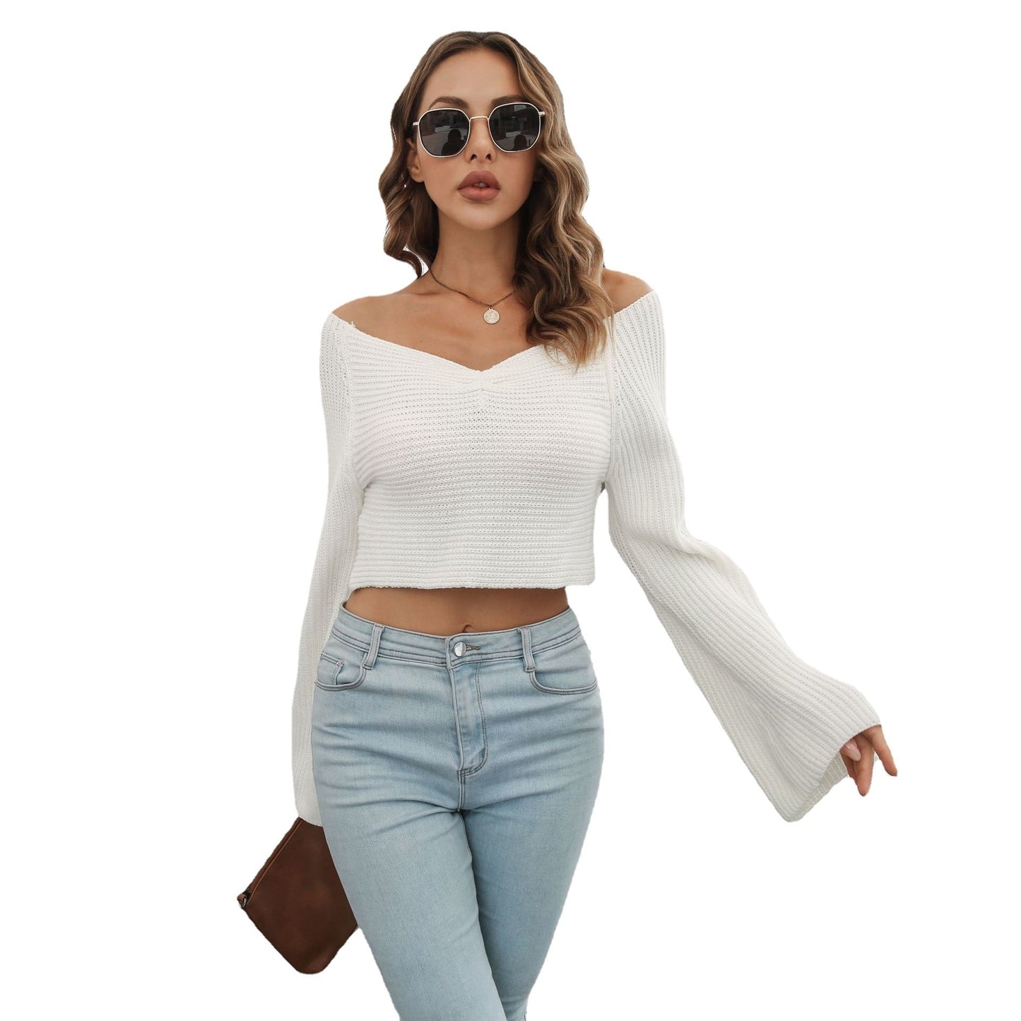 Chic Pleated V-neck Flare Sleeve Short Sweater