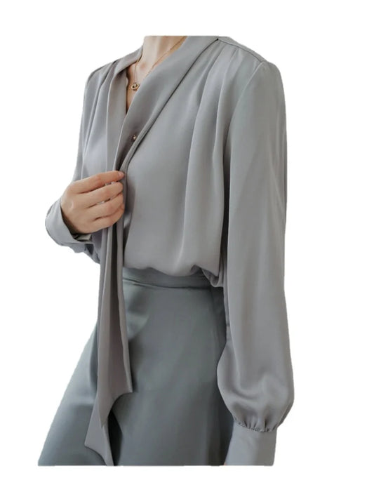 Chic Simple Satin Solid Color Long Sleeve Women‘s Minority Shirt