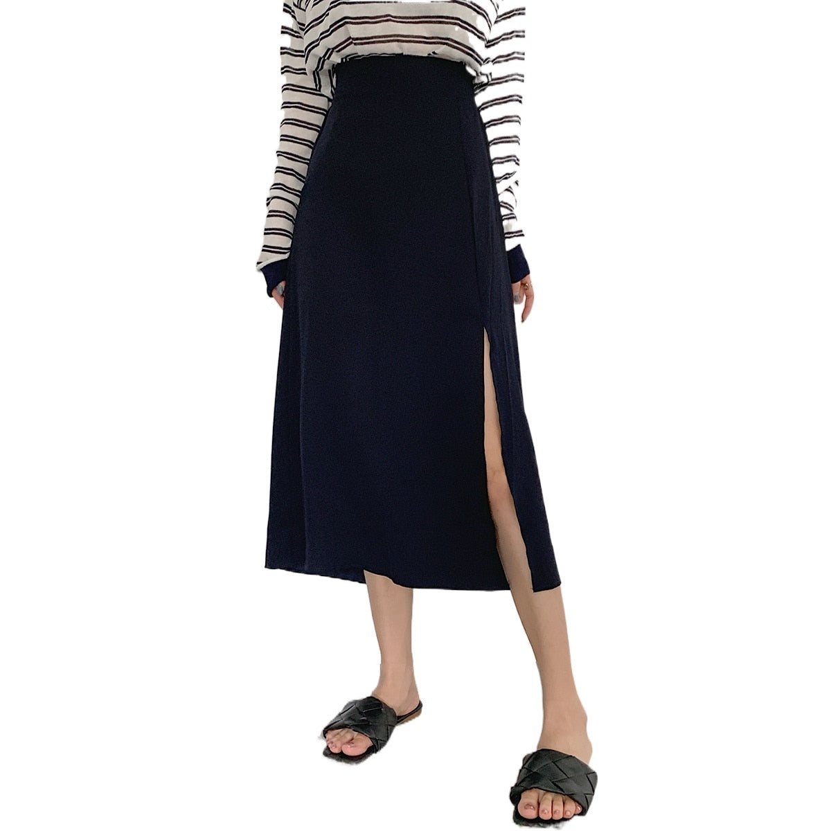 Chic Simple Solid Color Side Split A-line Long Skirt