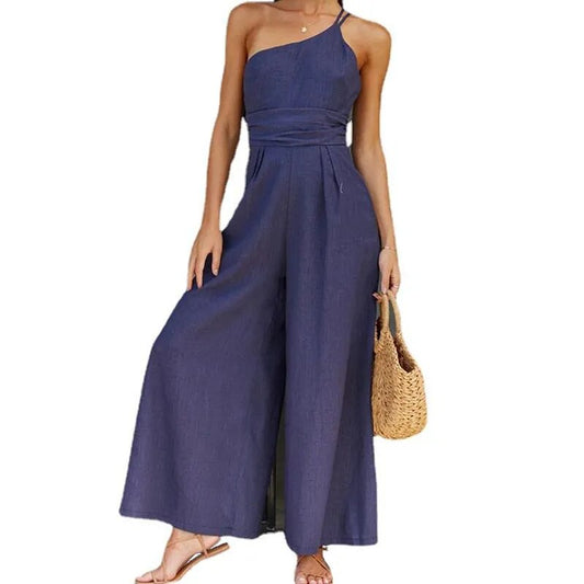 Chic Solid Color Wide Legs One Shoulder Casual Backless Jumpsuit