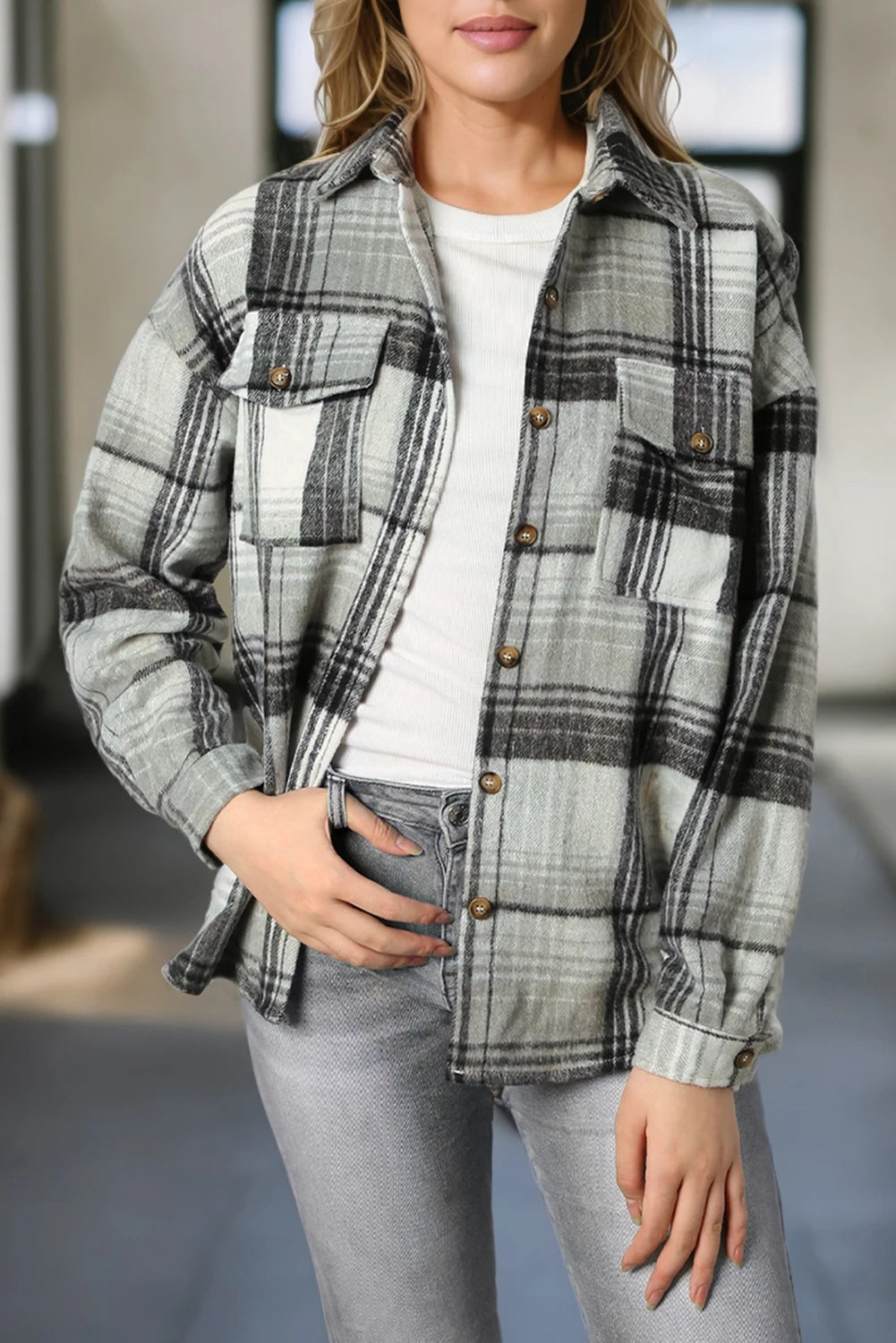 Classic Loose Plaid Flap Pockets Shacket