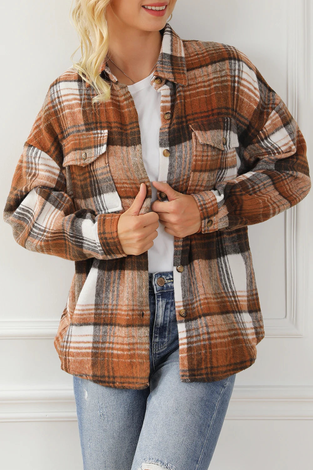 Classic Loose Plaid Flap Pockets Shacket