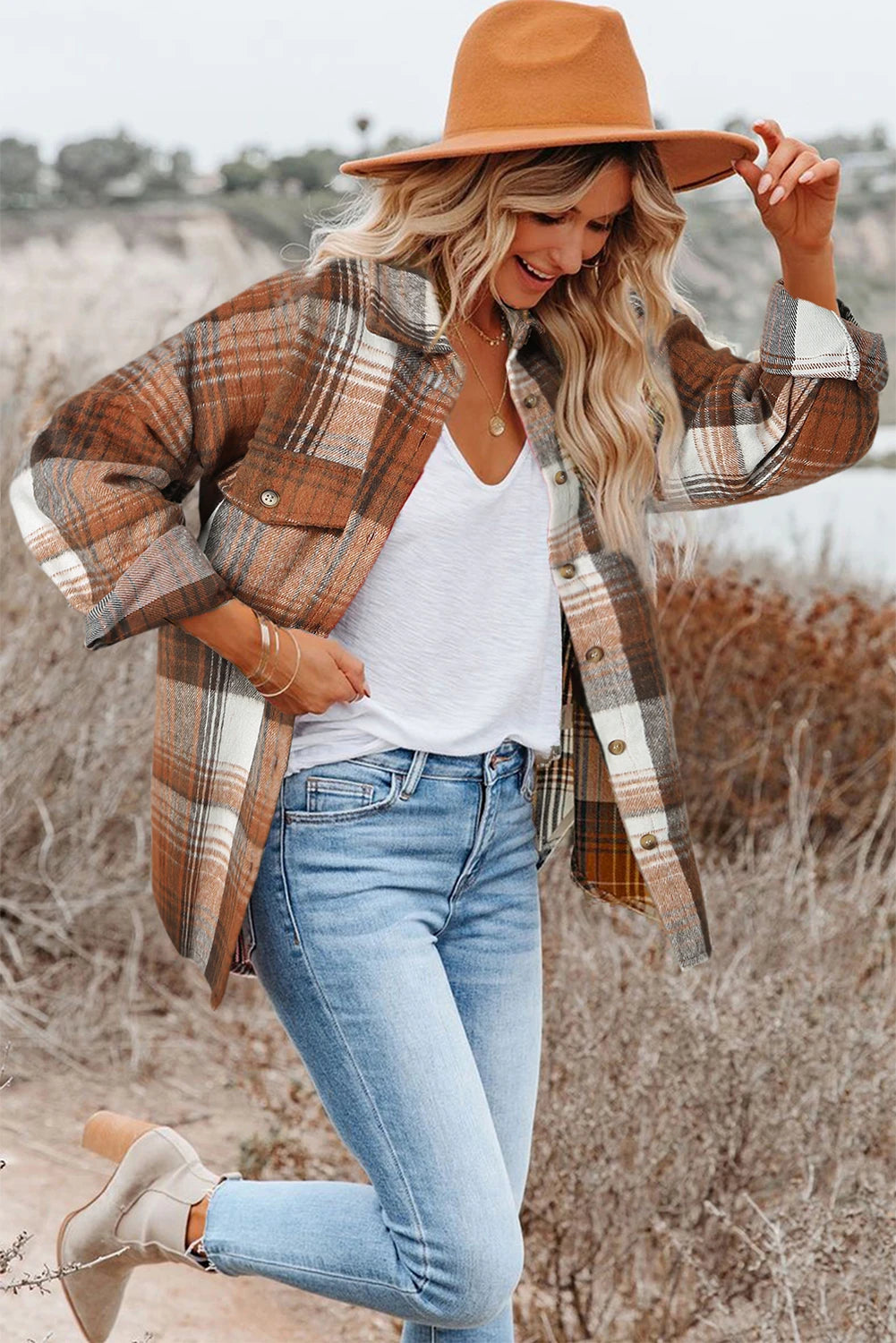 Classic Loose Plaid Flap Pockets Shacket