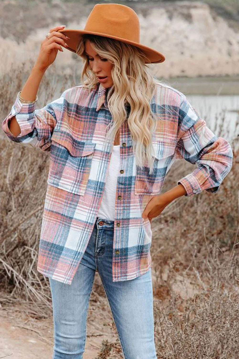 Classic Loose Plaid Flap Pockets Shacket