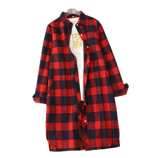 Classic Medium Length Long Sleeves Red Blue Plaid Shirt