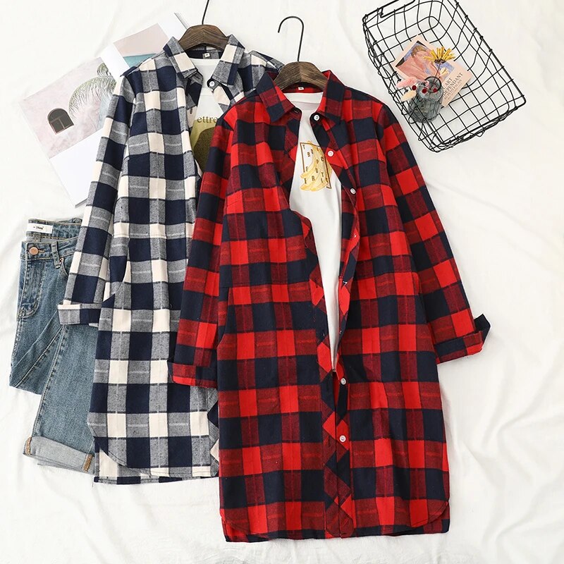 Classic Medium Length Long Sleeves Red Blue Plaid Shirt