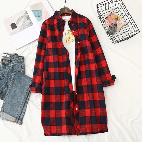 Classic Medium Length Long Sleeves Red Blue Plaid Shirt