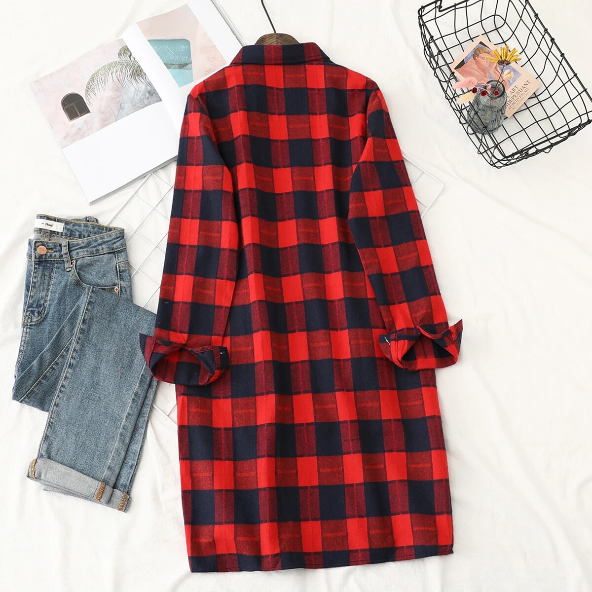 Classic Medium Length Long Sleeves Red Blue Plaid Shirt