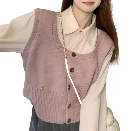 College-style Knit Vest Women's Spring and Autumn Cropped Cardigan and Sleeveless Pink Sweater