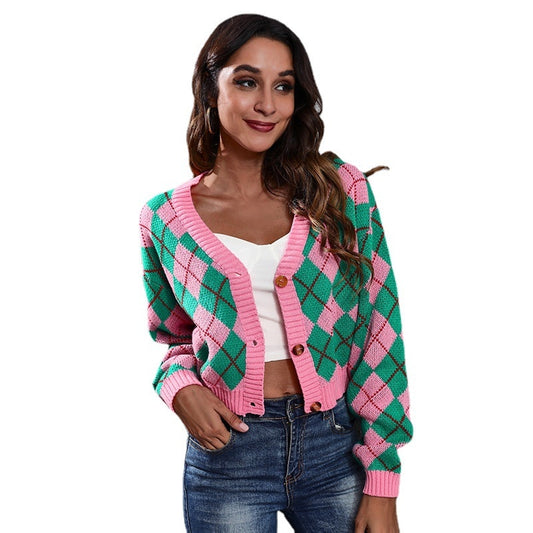 Color Block Jacquard Knitted Cardigan Jacket Short Sweater