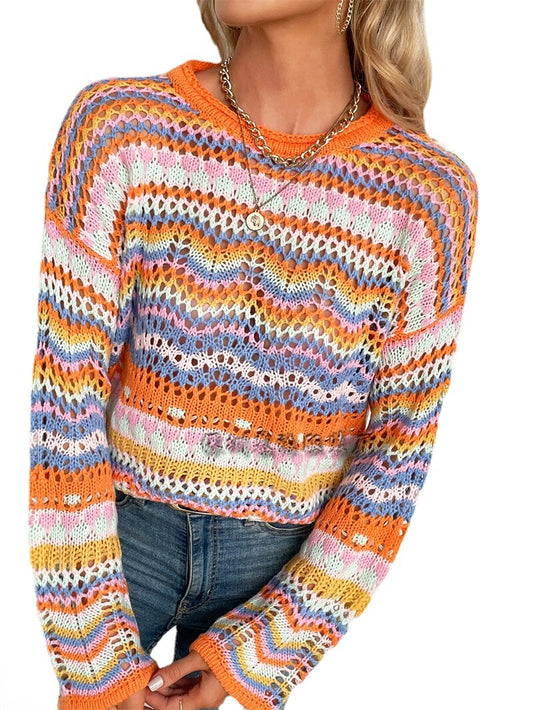 Color Block Long Sleeves Round Neck Loose Stitching Striped Sweater Women