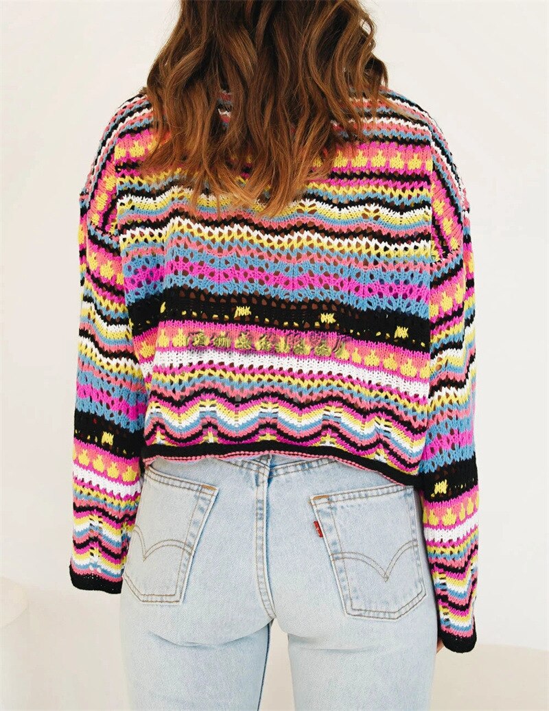 Color Block Long Sleeves Round Neck Loose Stitching Striped Sweater Women