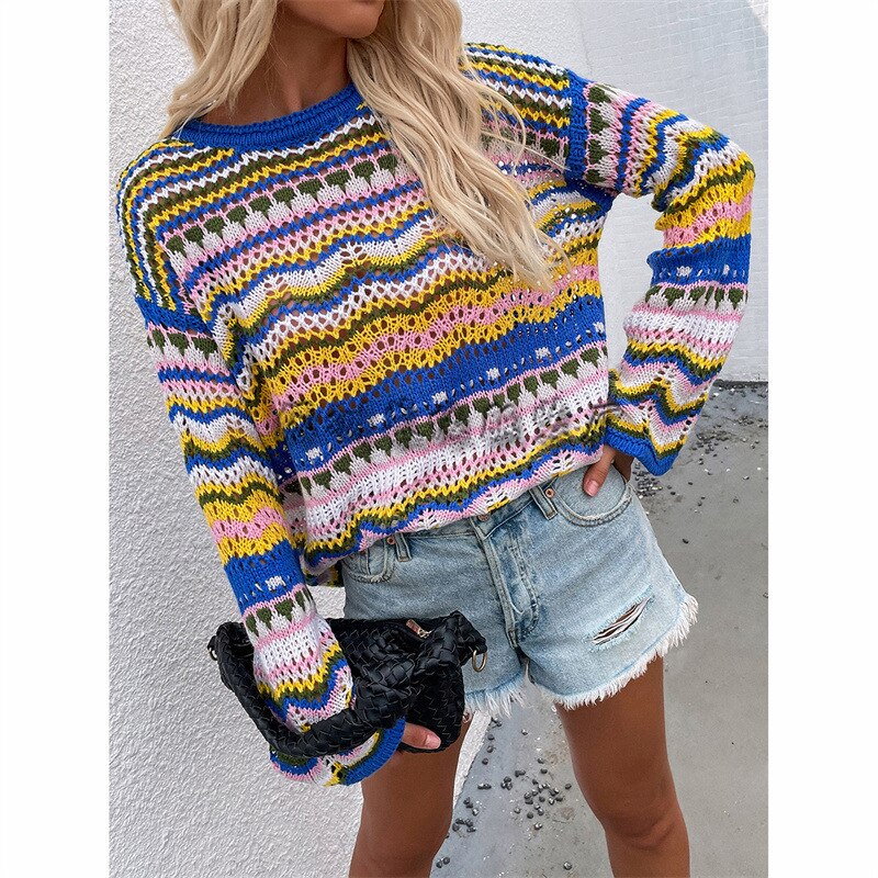 Color Block Long Sleeves Round Neck Loose Stitching Striped Sweater Women