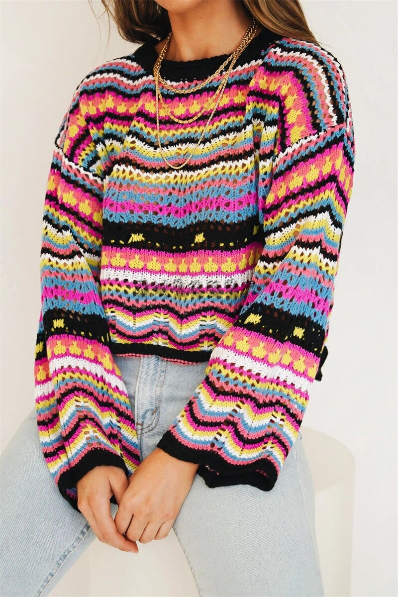 Color Block Long Sleeves Round Neck Loose Stitching Striped Sweater Women