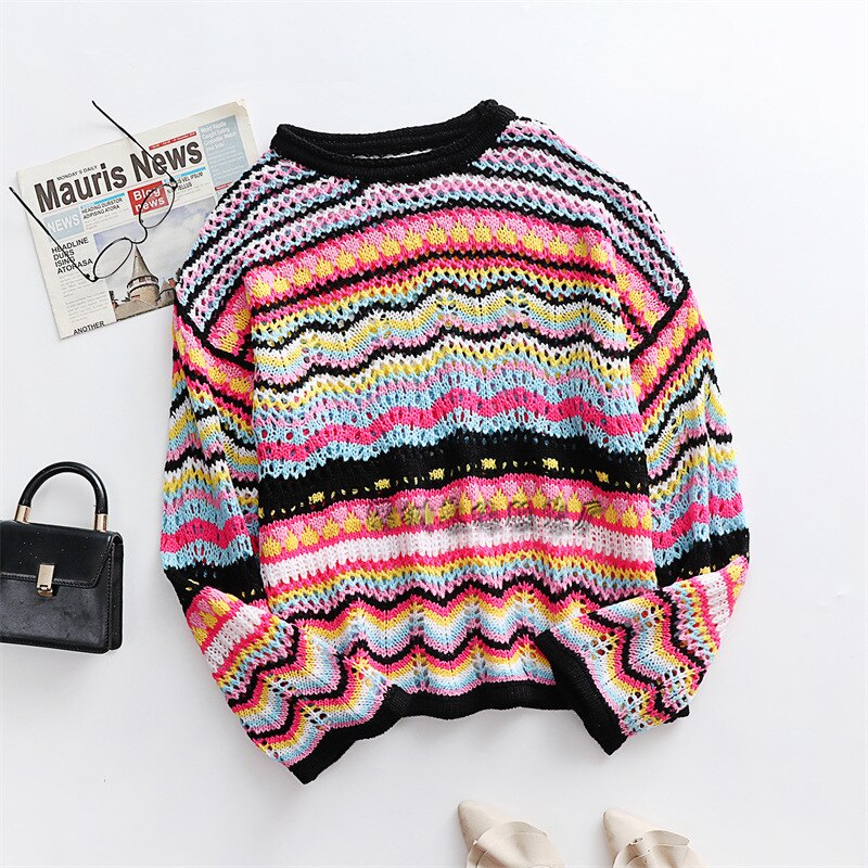 Color Block Long Sleeves Round Neck Loose Stitching Striped Sweater Women