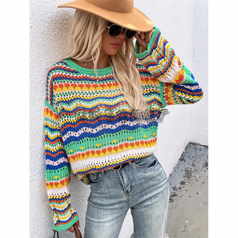 Color Block Long Sleeves Round Neck Loose Stitching Striped Sweater Women