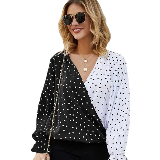 Color Block Printed Long Sleeves Women's Shirts with Dot Black and White