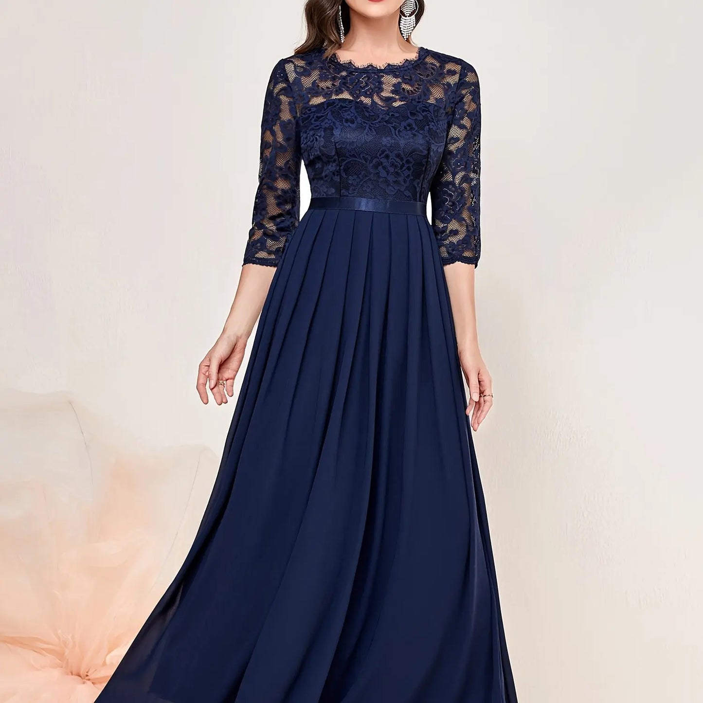 Contrast Lace Pleated Elegant Solid 3/4 Sleeve Party Maxi Formal Evening Dress