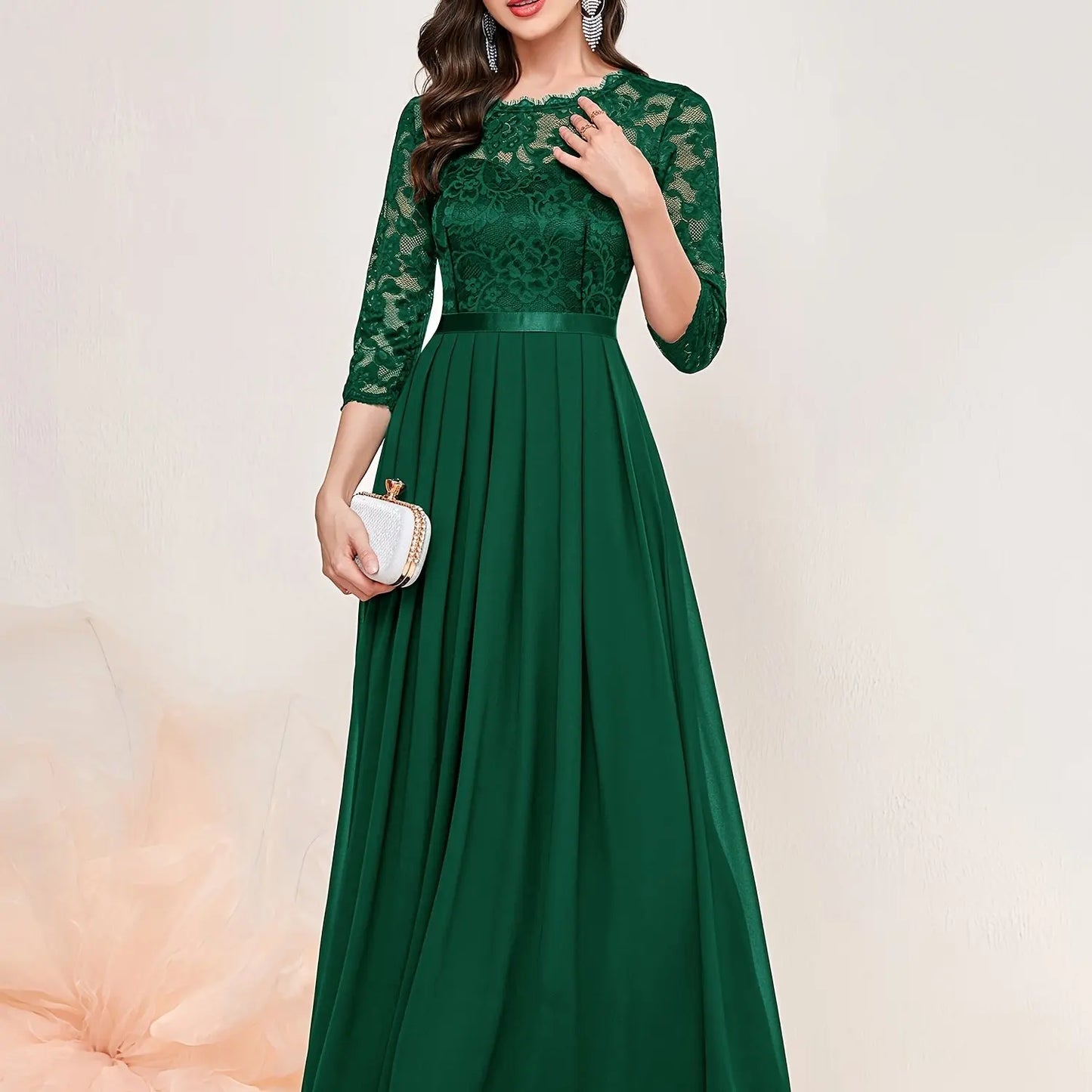 Contrast Lace Pleated Elegant Solid 3/4 Sleeve Party Maxi Formal Evening Dress