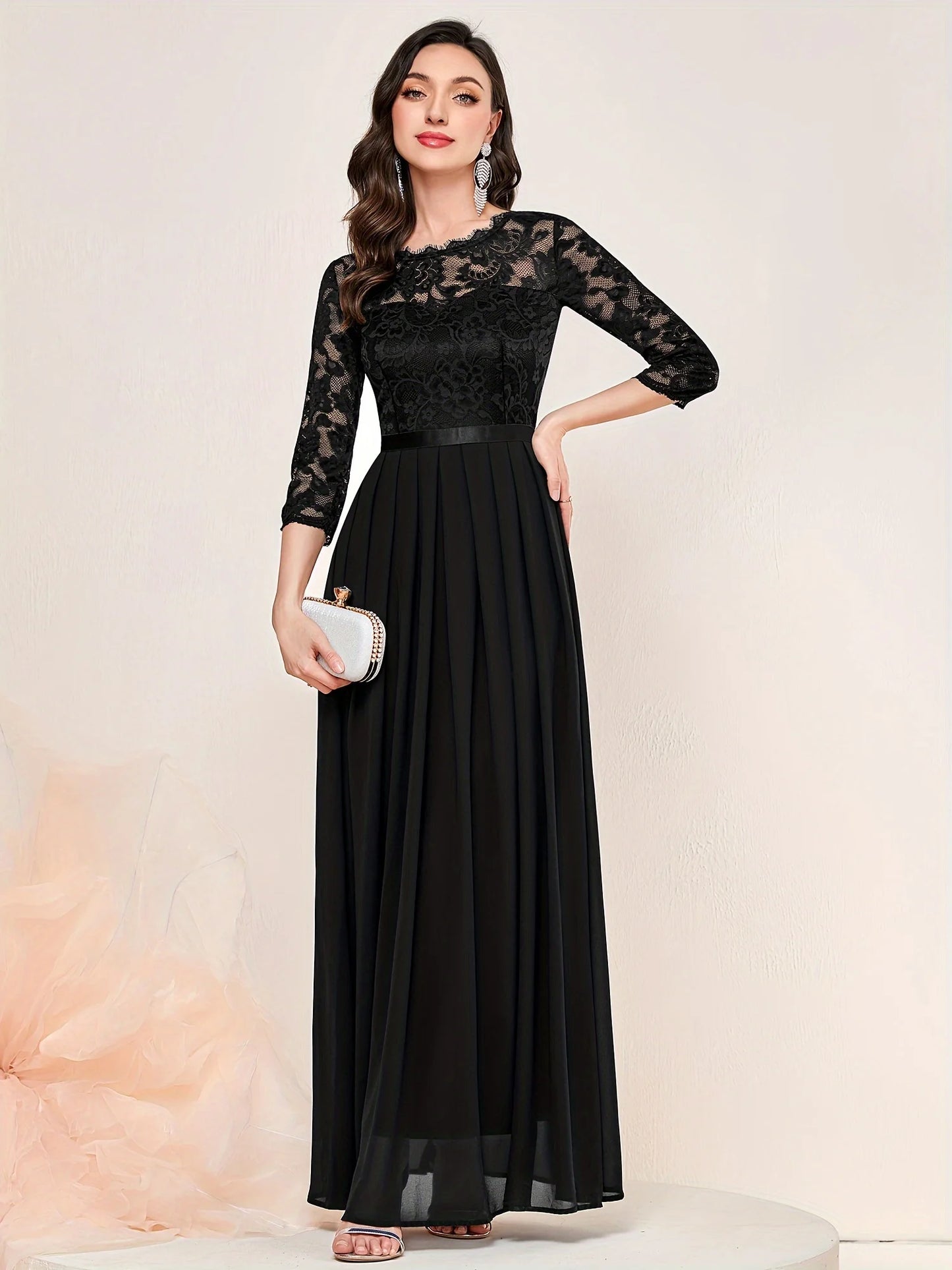 Contrast Lace Pleated Elegant Solid 3/4 Sleeve Party Maxi Formal Evening Dress