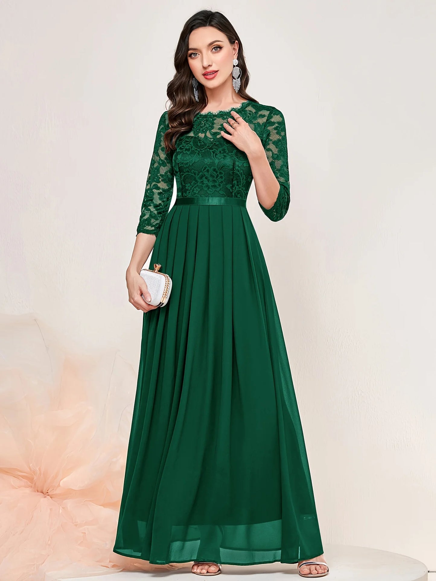 Contrast Lace Pleated Elegant Solid 3/4 Sleeve Party Maxi Formal Evening Dress