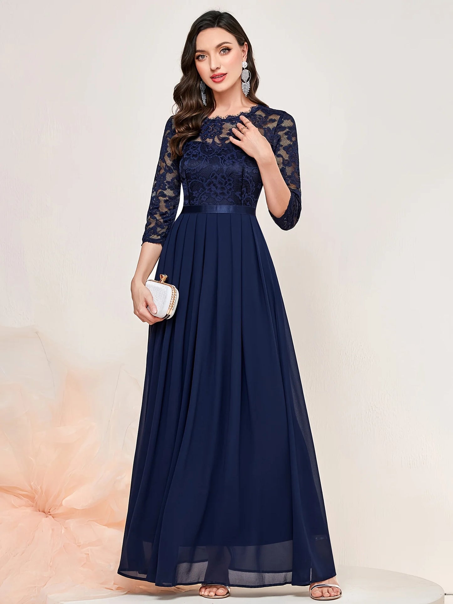 Contrast Lace Pleated Elegant Solid 3/4 Sleeve Party Maxi Formal Evening Dress