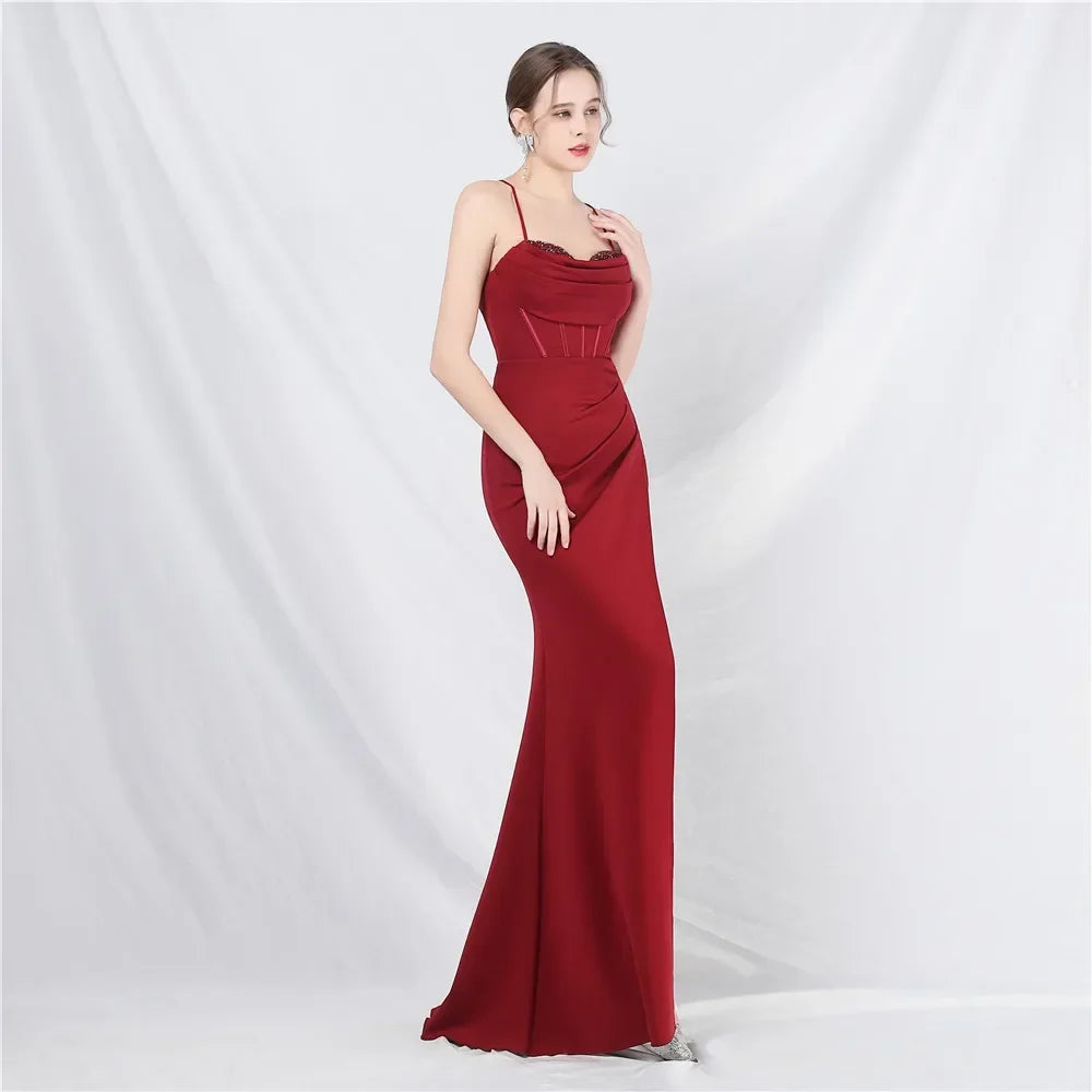 Court Fishbone Heavy Craftsmanship Beaded Spaghetti Straps Backless Formal Evening Dress with Chest Pad