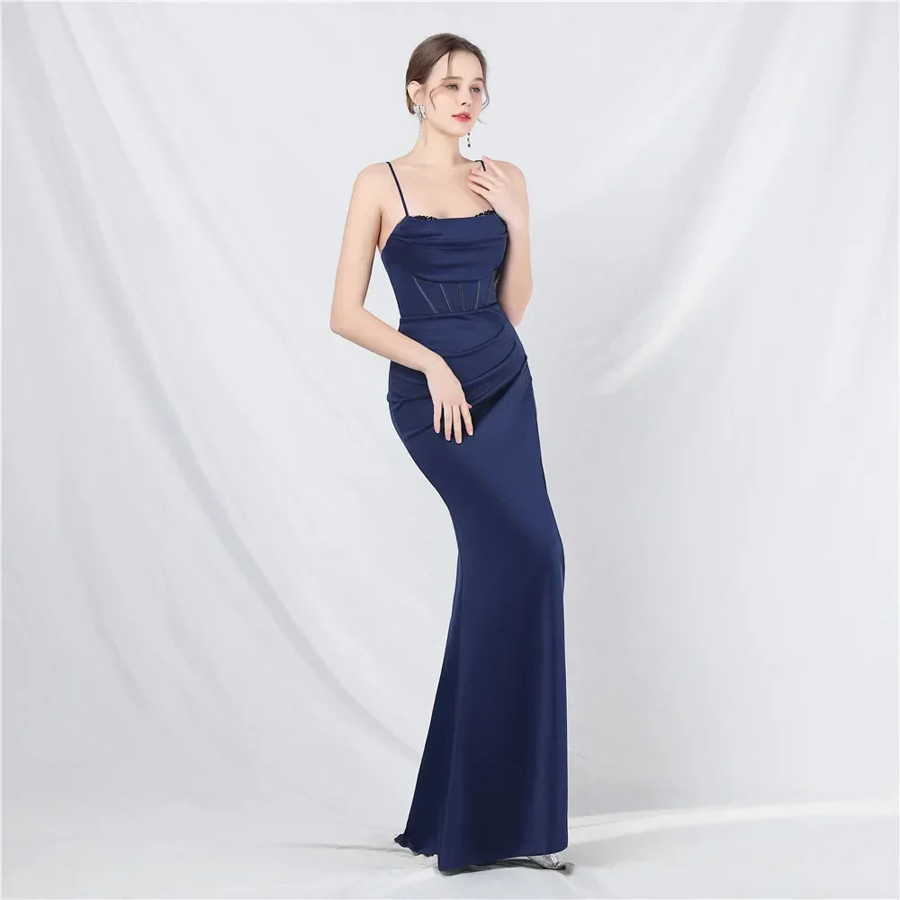 Court Fishbone Heavy Craftsmanship Beaded Spaghetti Straps Backless Formal Evening Dress with Chest Pad