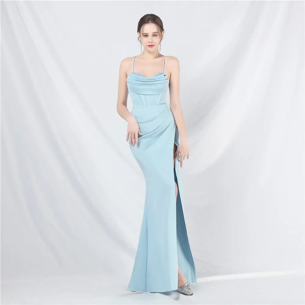 Court Fishbone Heavy Craftsmanship Beaded Spaghetti Straps Backless Formal Evening Dress with Chest Pad