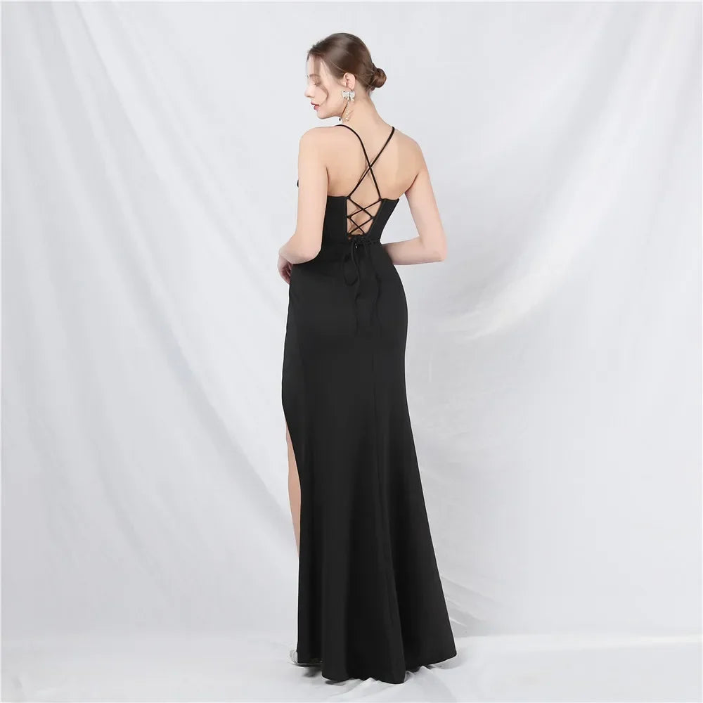 Court Fishbone Heavy Craftsmanship Beaded Spaghetti Straps Backless Formal Evening Dress with Chest Pad