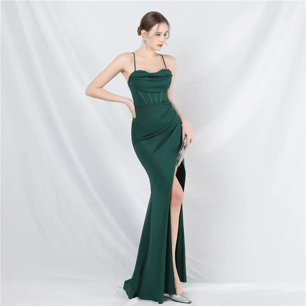 Court Fishbone Heavy Craftsmanship Beaded Spaghetti Straps Backless Formal Evening Dress with Chest Pad