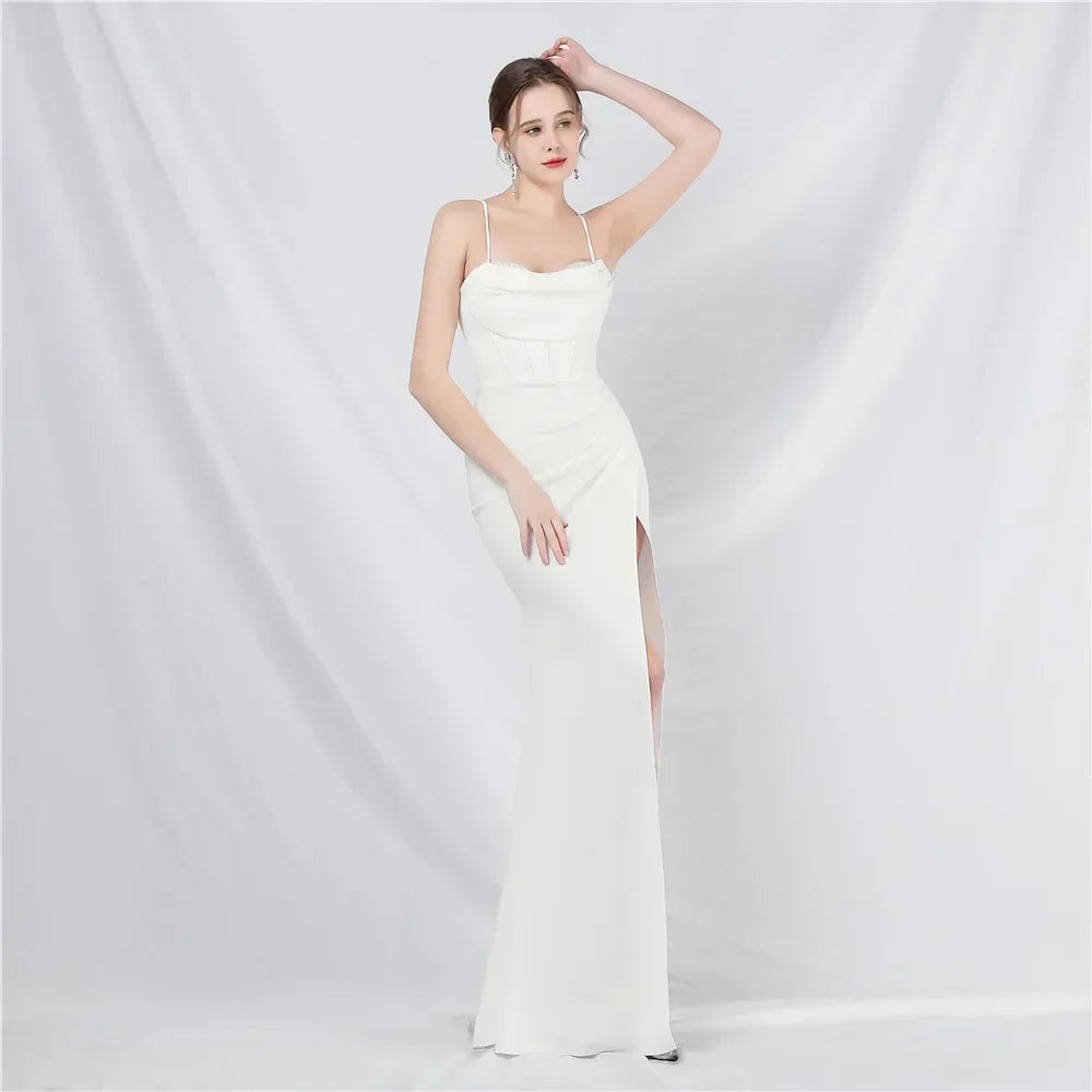 Court Fishbone Heavy Craftsmanship Beaded Spaghetti Straps Backless Formal Evening Dress with Chest Pad