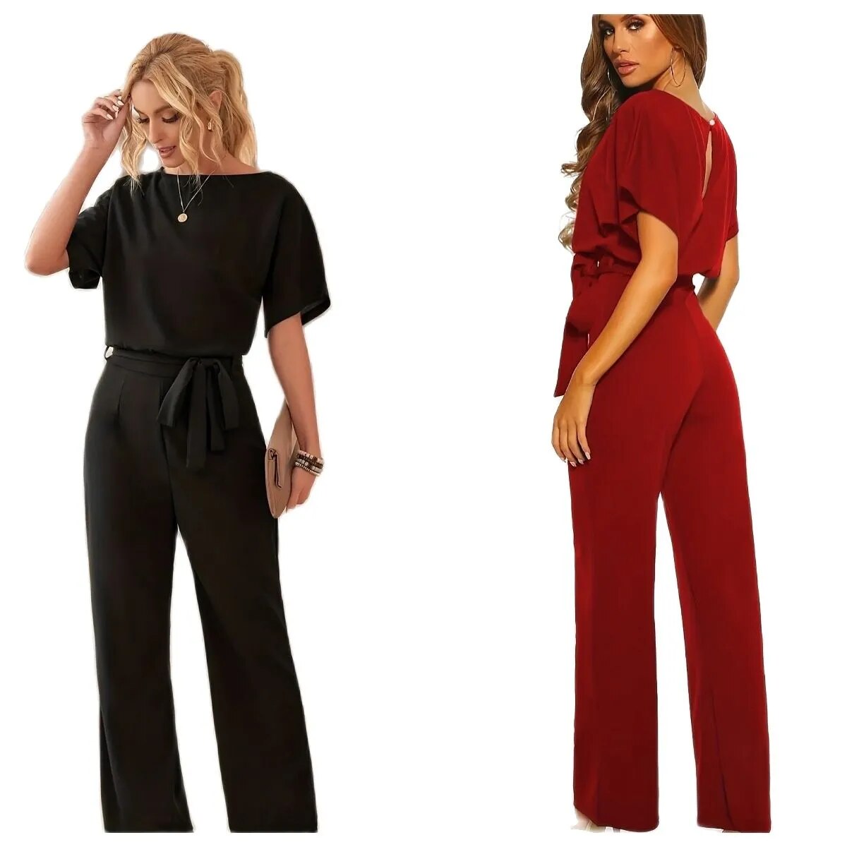 Crewneck High Waist Wide Leg Women's Long Jumpsuit