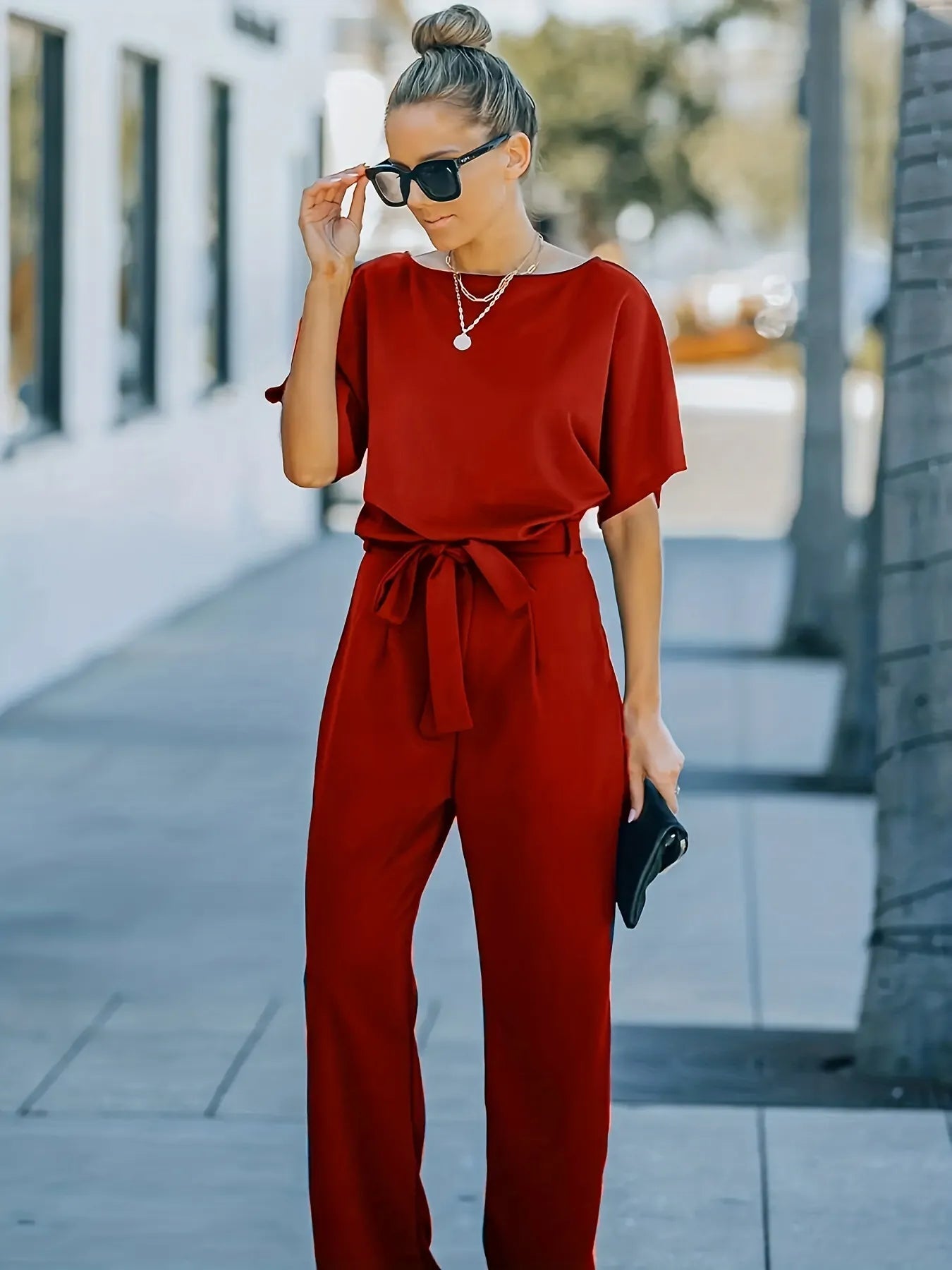 Crewneck High Waist Wide Leg Women's Long Jumpsuit