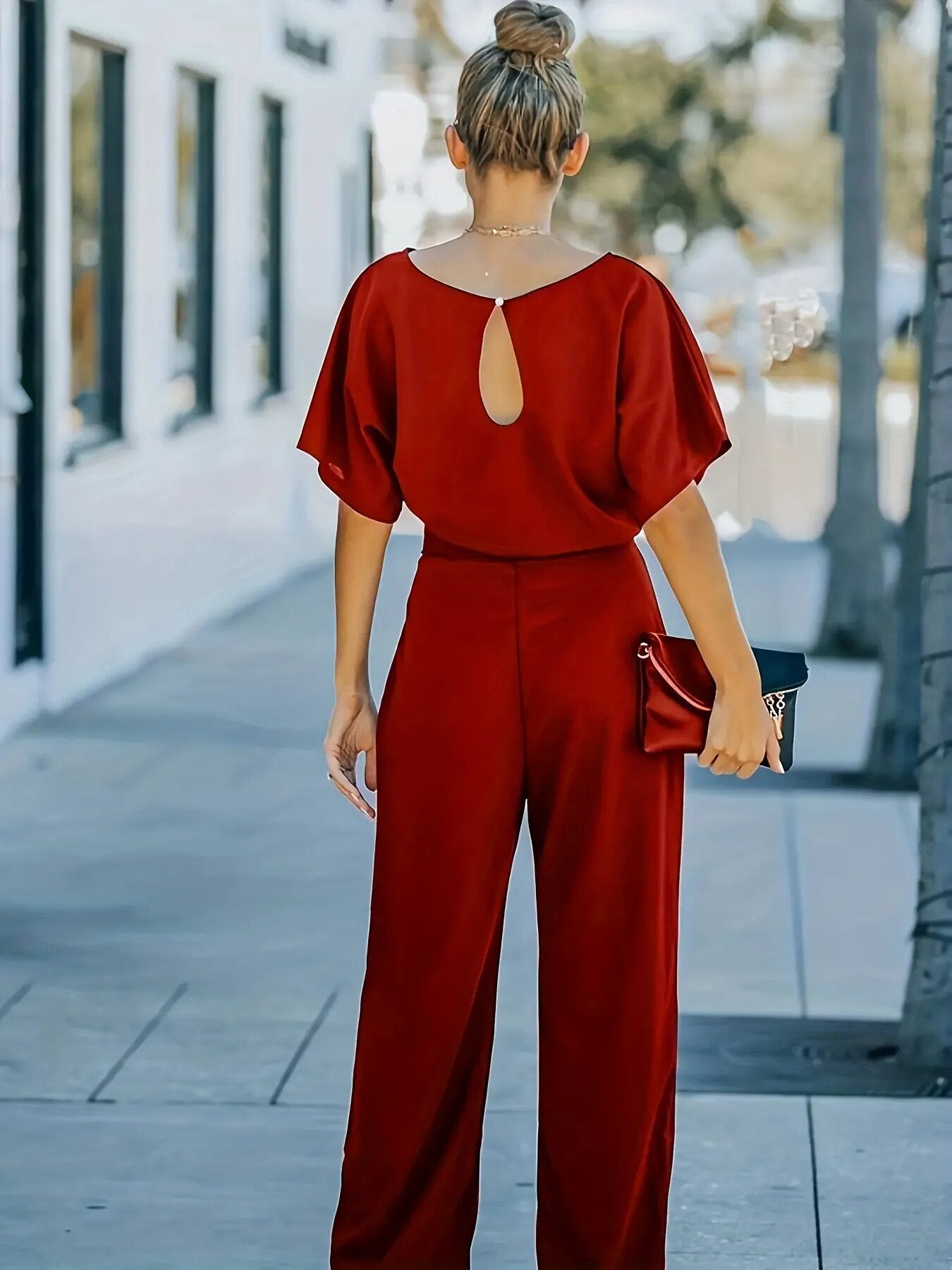 Crewneck High Waist Wide Leg Women's Long Jumpsuit