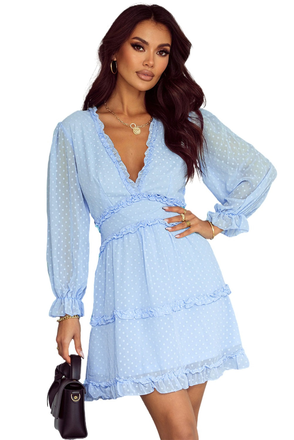 Deep V-neck Layered Ruffled Open Back Puff Sleeve Swiss Dot Mini Dress