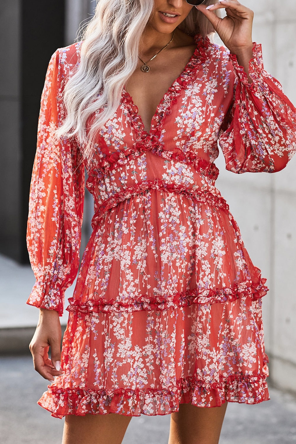 Deep V-neck Long Sleeves Ruffle Open Back Floral Dress