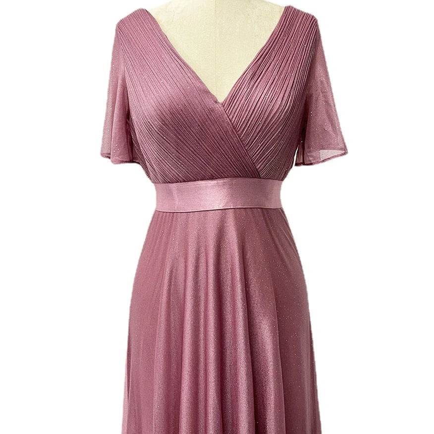 Double V-neck Flared Sleeve Elastic Chiffon Bridesmaid Plus Size Evening Dress