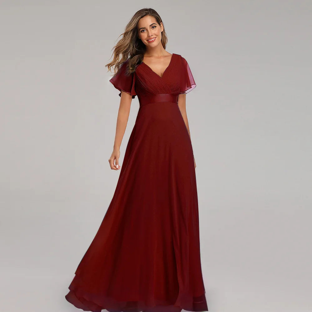 Double V-neck Flared Sleeve Elastic Chiffon Bridesmaid Plus Size Evening Dress