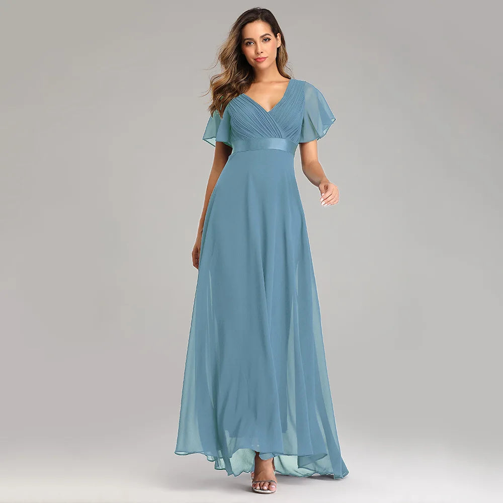 Double V-neck Flared Sleeve Elastic Chiffon Bridesmaid Plus Size Evening Dress