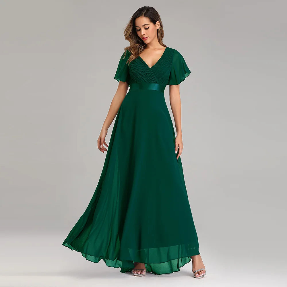 Double V-neck Flared Sleeve Elastic Chiffon Bridesmaid Plus Size Evening Dress