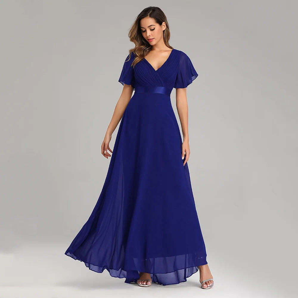 Double V-neck Flared Sleeve Elastic Chiffon Bridesmaid Plus Size Evening Dress