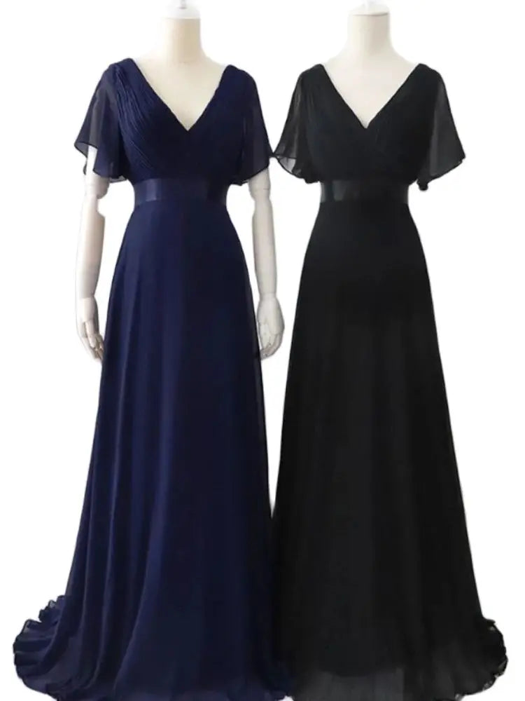 Double V-neck Flared Sleeve Elastic Chiffon Bridesmaid Plus Size Evening Dress