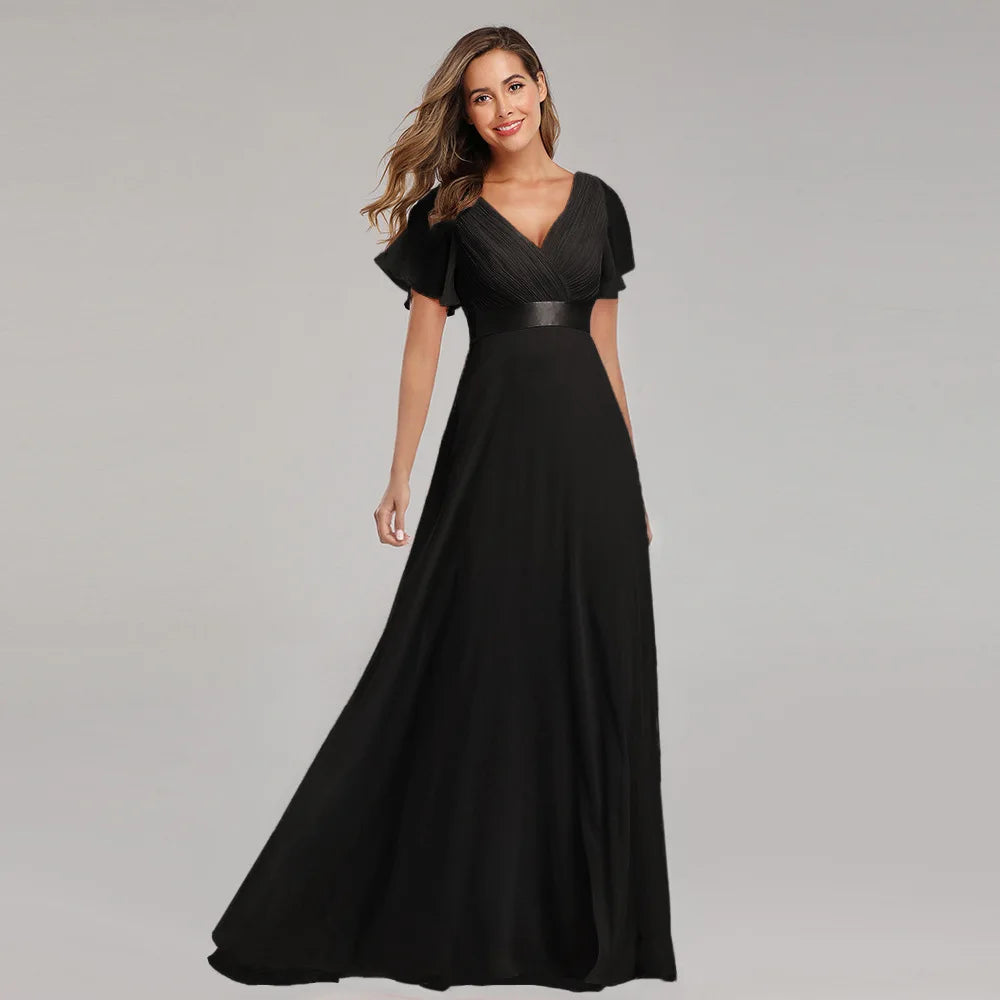 Double V-neck Flared Sleeve Elastic Chiffon Bridesmaid Plus Size Evening Dress