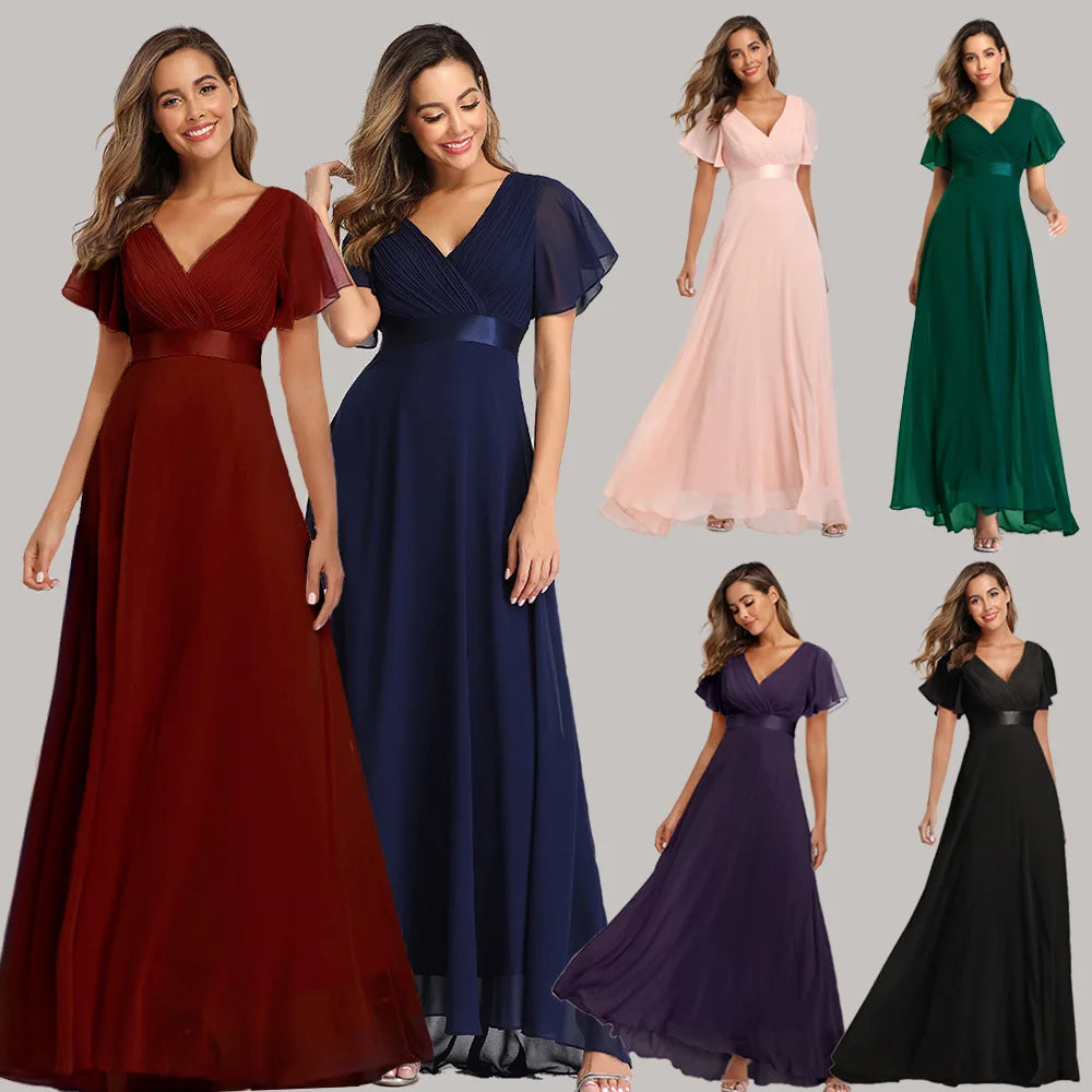 Double V-neck Flared Sleeve Elastic Chiffon Bridesmaid Plus Size Evening Dress