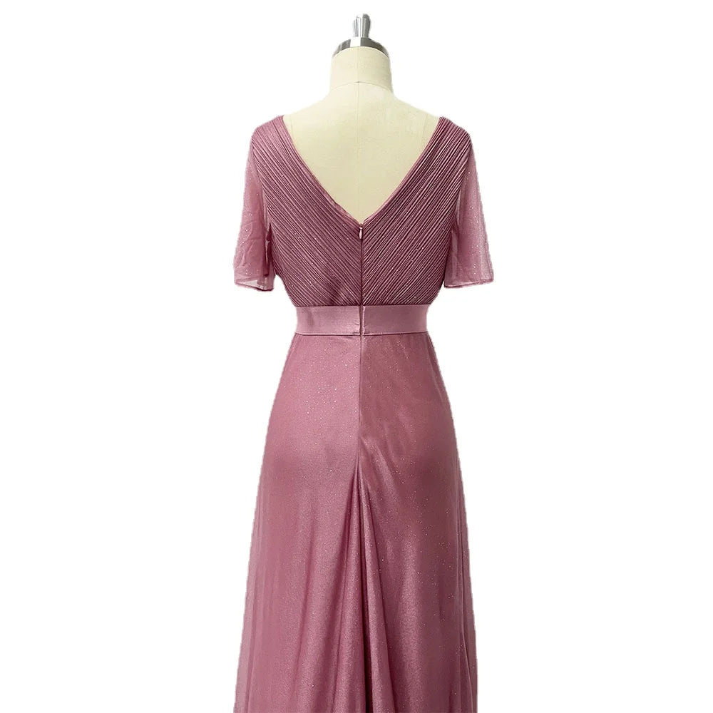 Double V-neck Flared Sleeve Elastic Chiffon Bridesmaid Plus Size Evening Dress