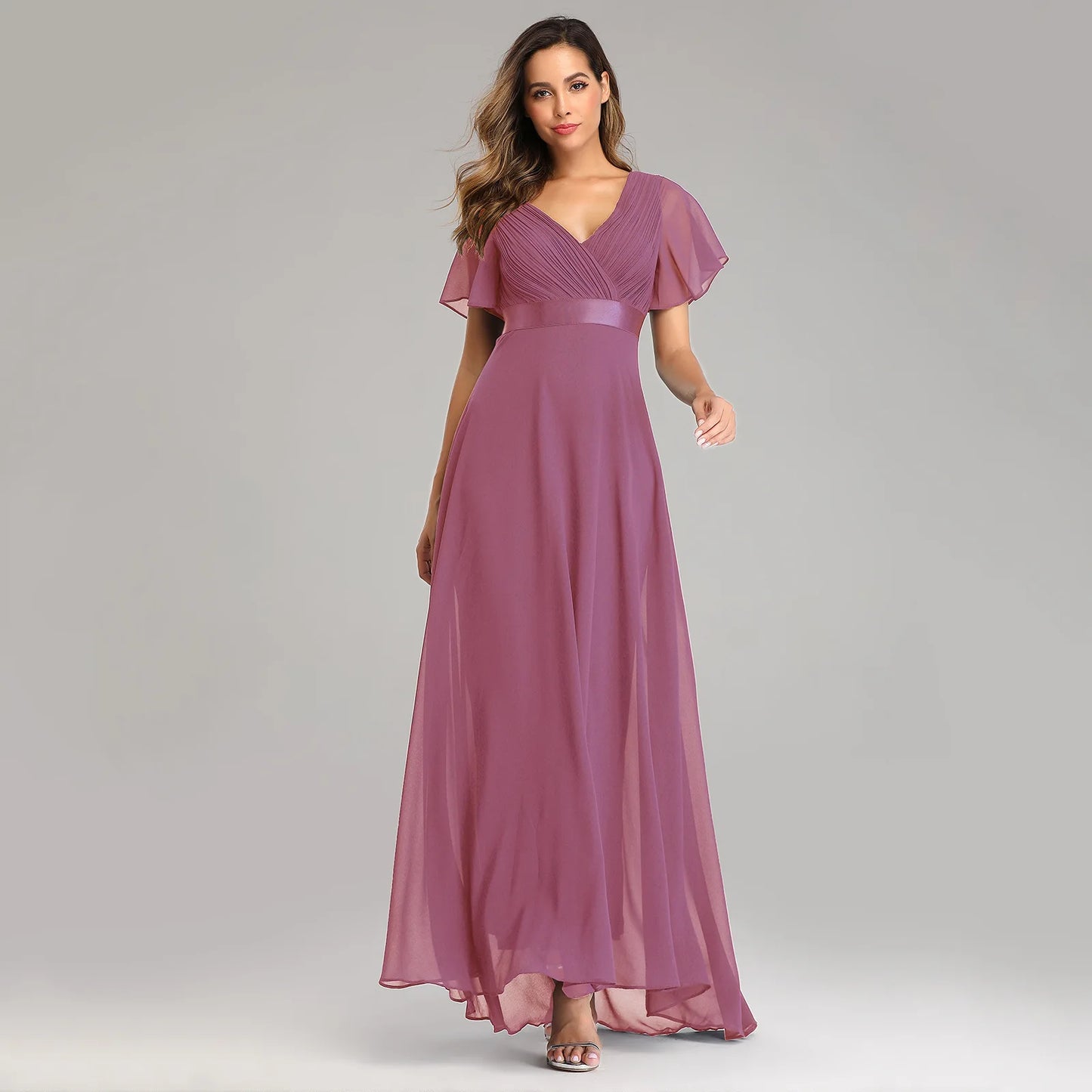 Double V-neck Flared Sleeve Elastic Chiffon Bridesmaid Plus Size Evening Dress